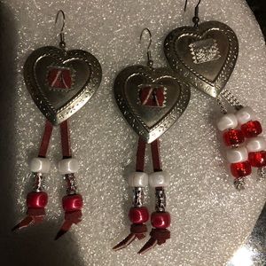 Three sets of handmade earrings new green red and blue and silver detail